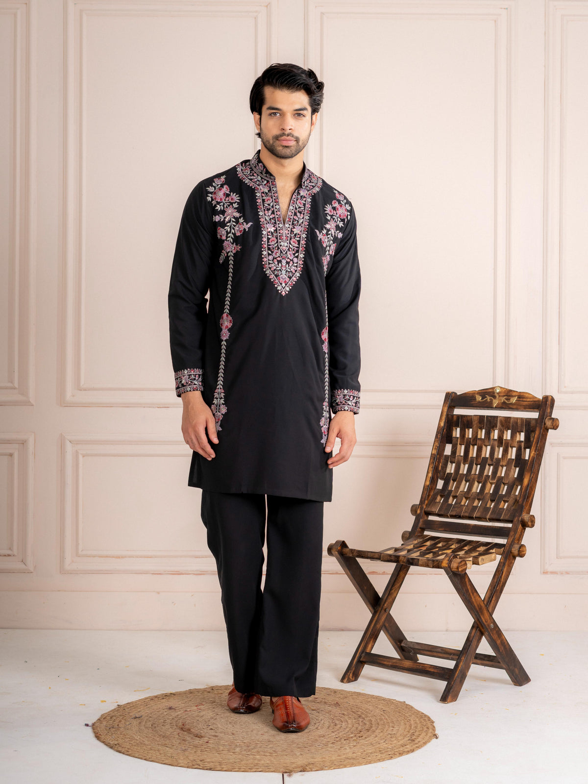 Bold Wine Japanese Lachka Embroidered Kurta Dupatta Pant Set
