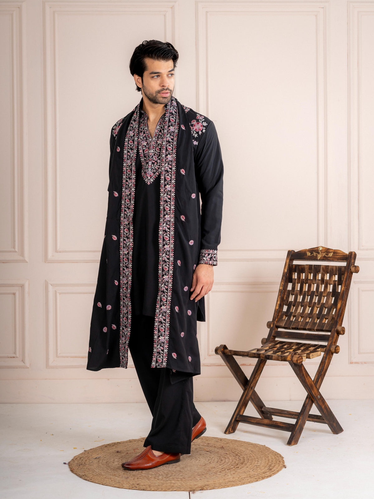 Bold Wine Japanese Lachka Embroidered Kurta Dupatta Pant Set
