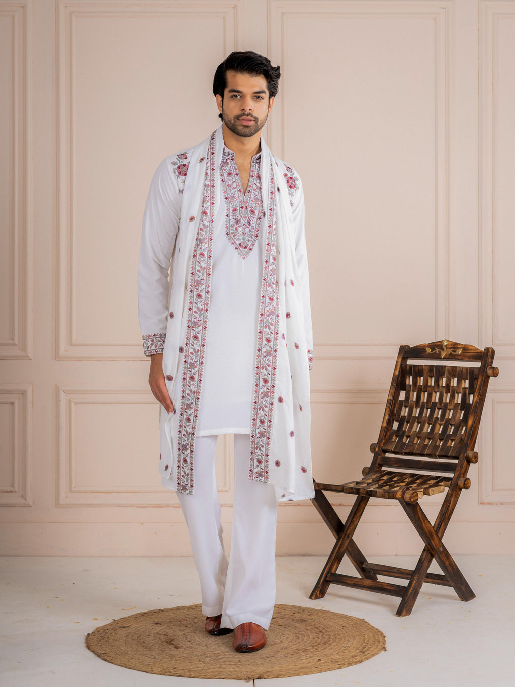 Rajwadi White Japanese Lachka Festive Kurta Dupatta Set
