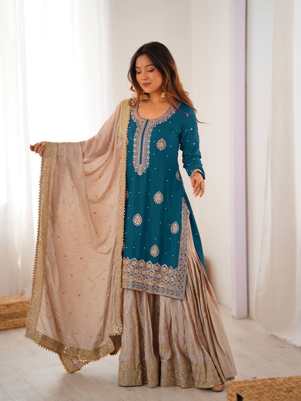 Wedding Style Rama Green Chinon Silk Heavy Embroidery Sharara Set

