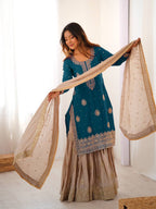 Wedding Style Rama Green Chinon Silk Heavy Embroidery Sharara Set
