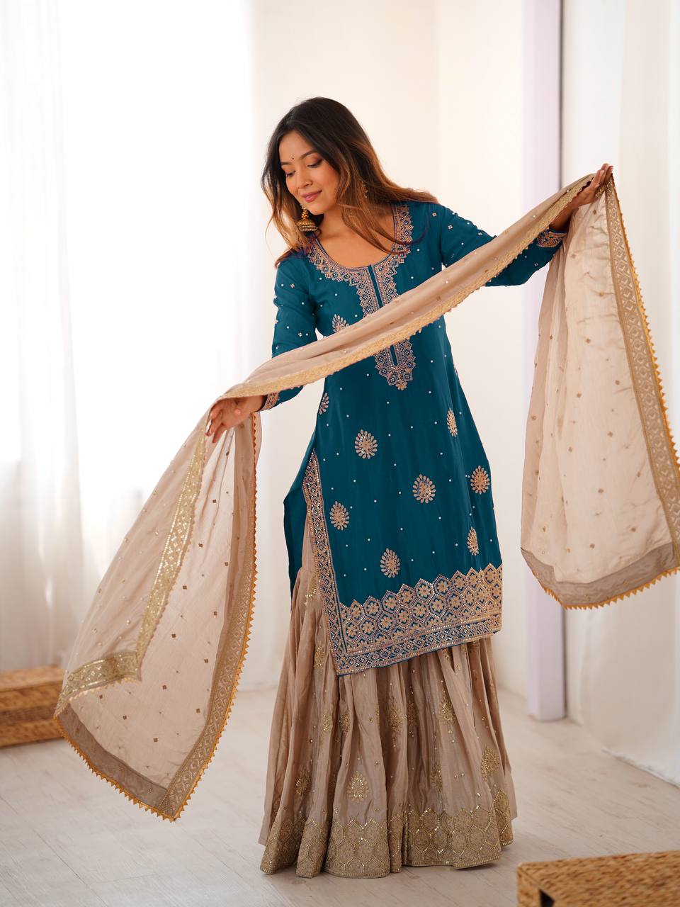 Wedding Style Rama Green Chinon Silk Heavy Embroidery Sharara Set
