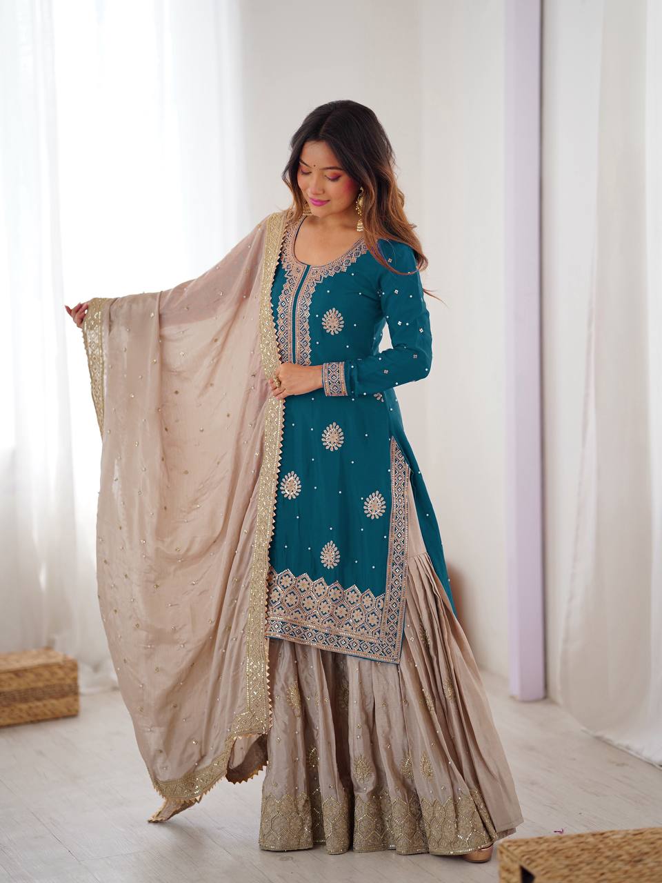 Wedding Style Rama Green Chinon Silk Heavy Embroidery Sharara Set
