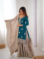 Wedding Style Rama Green Chinon Silk Heavy Embroidery Sharara Set
