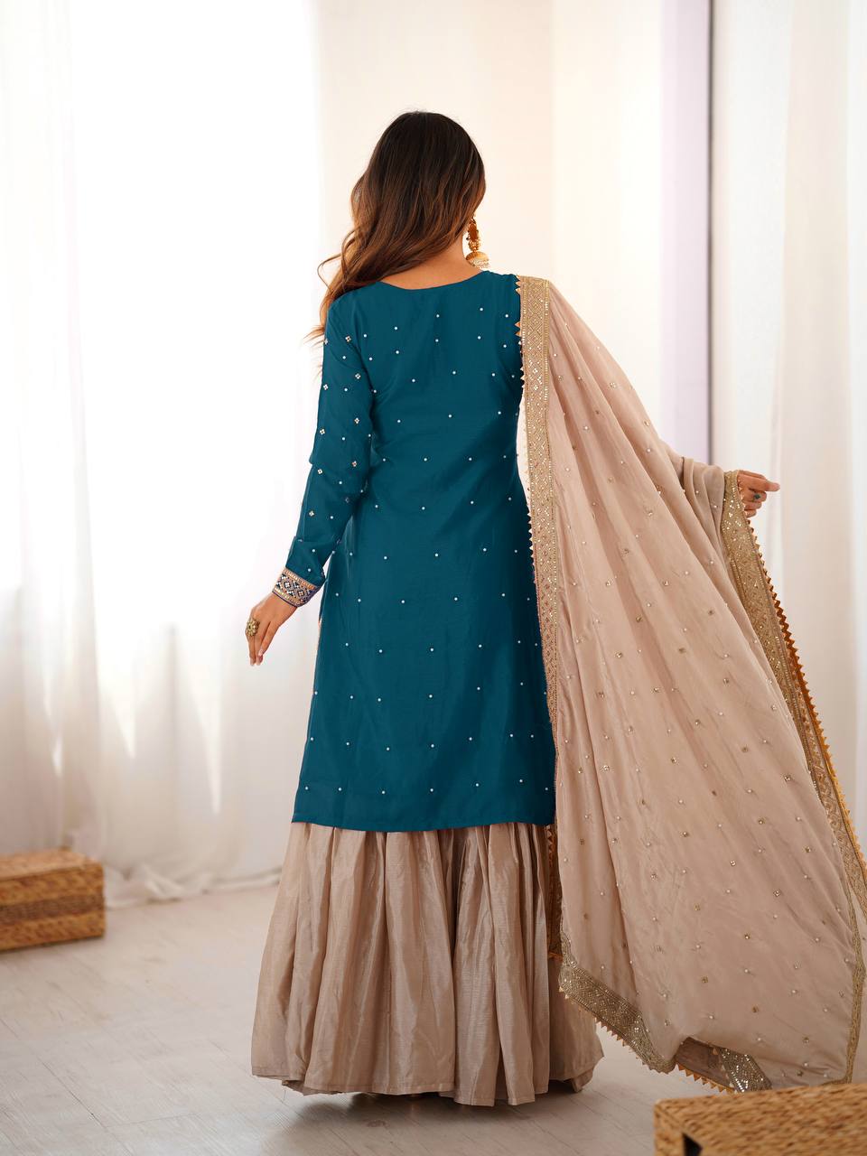 Wedding Style Rama Green Chinon Silk Heavy Embroidery Sharara Set
