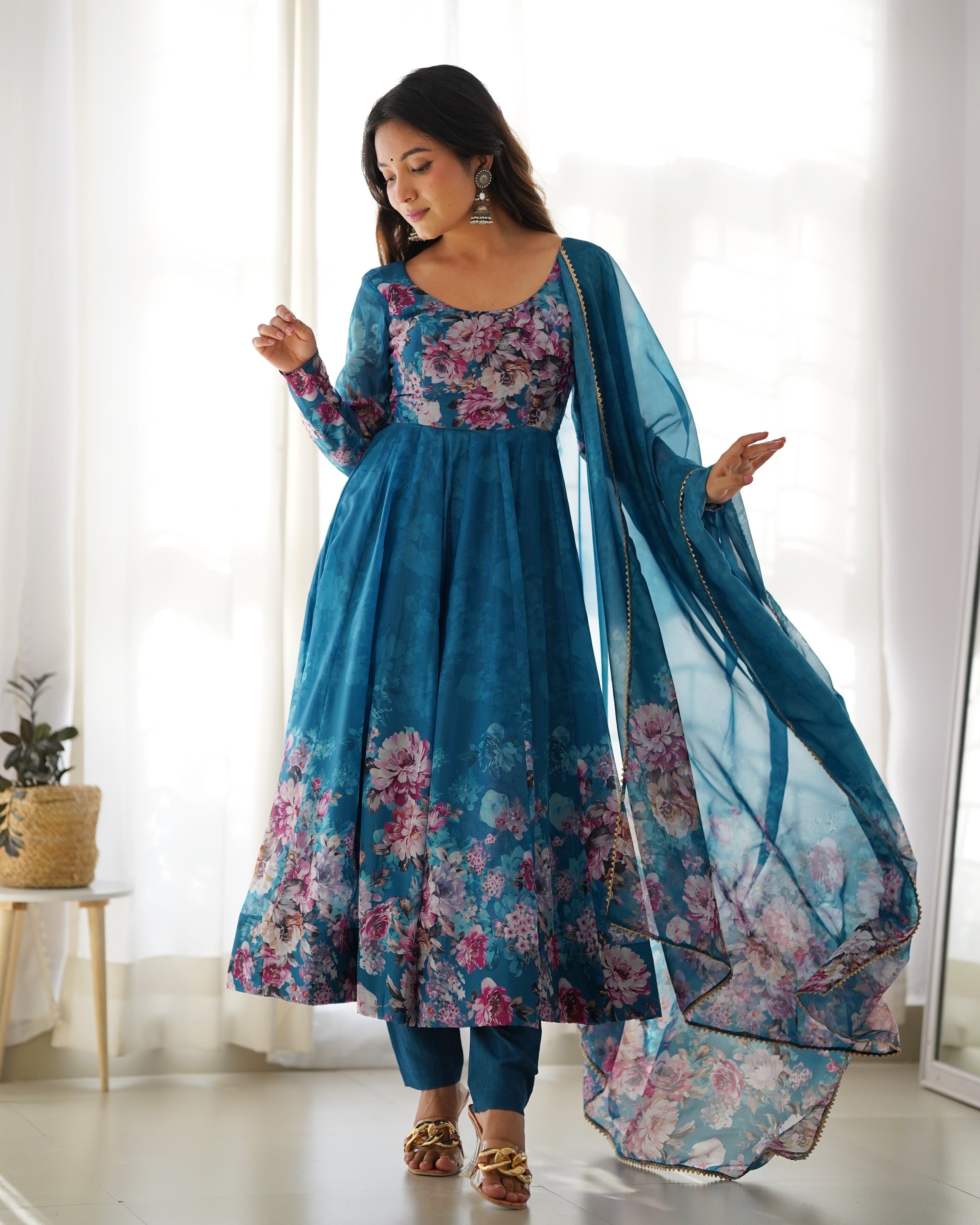 Rama Color Digitally Printed Pure Soft Organza Anarkali Suit With Huge Flair Comes With Duppatta & Pant