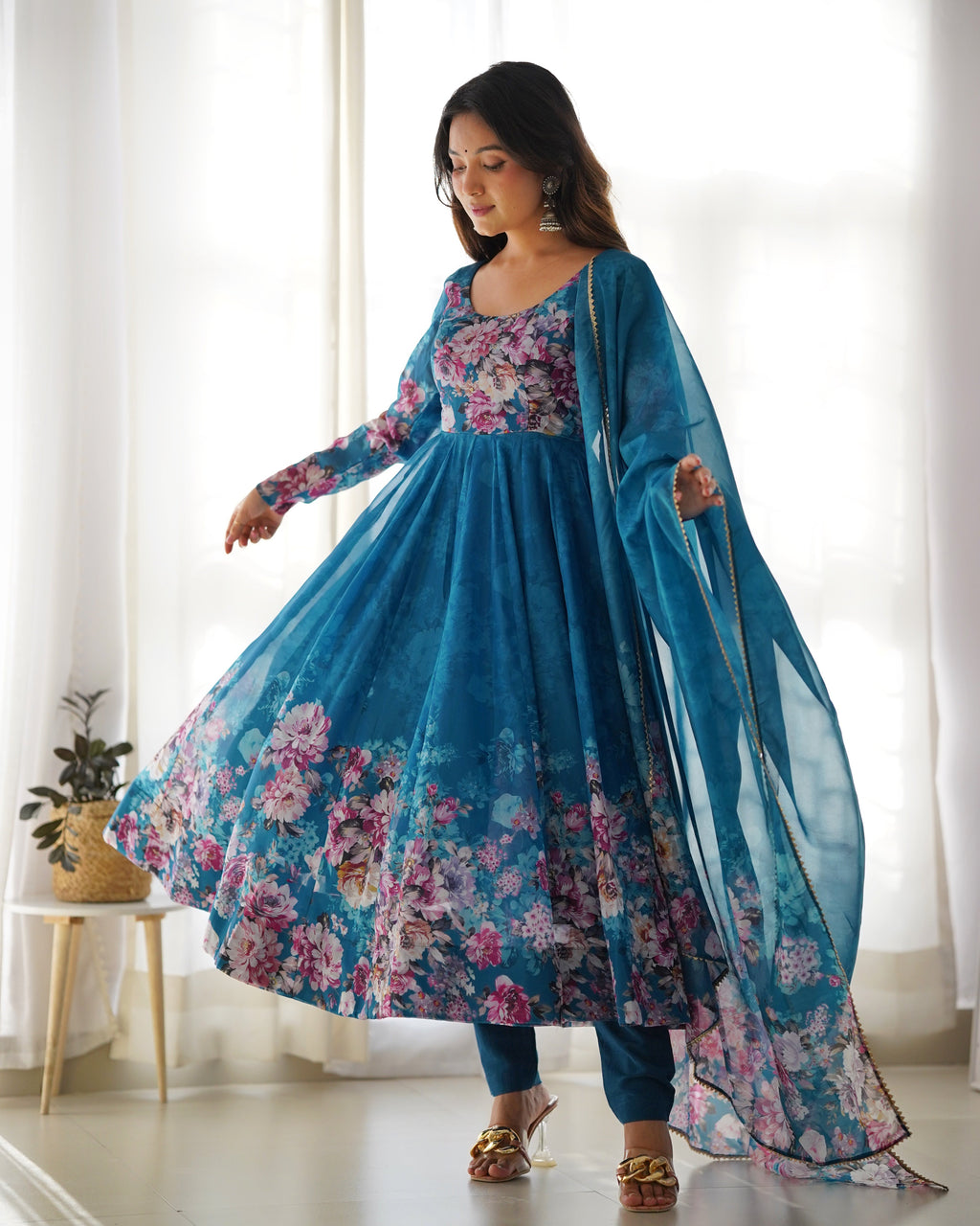 Rama Color Digitally Printed Pure Soft Organza Anarkali Suit With Huge Flair Comes With Duppatta & Pant