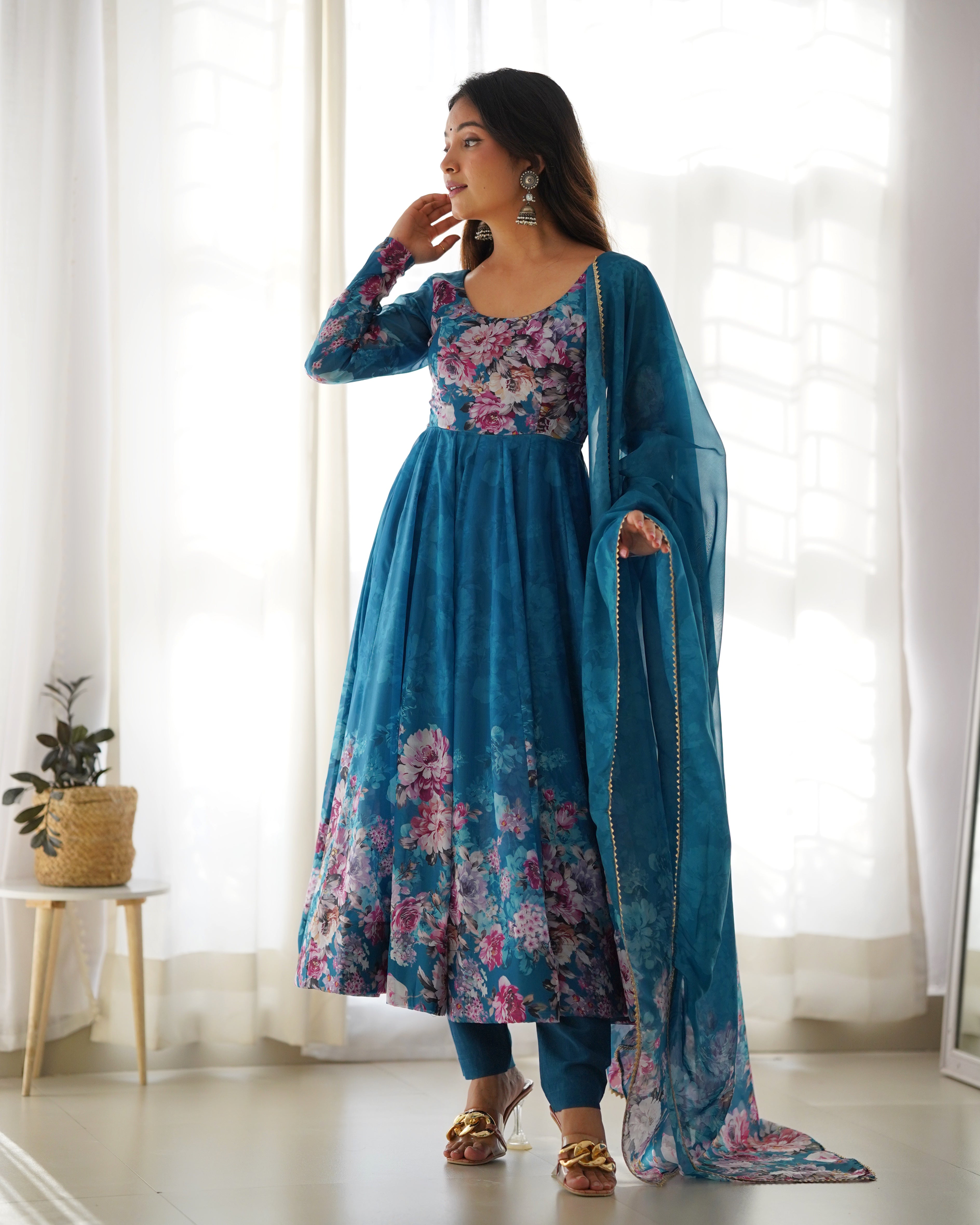 Rama Color Digitally Printed Pure Soft Organza Anarkali Suit With Huge Flair Comes With Duppatta & Pant