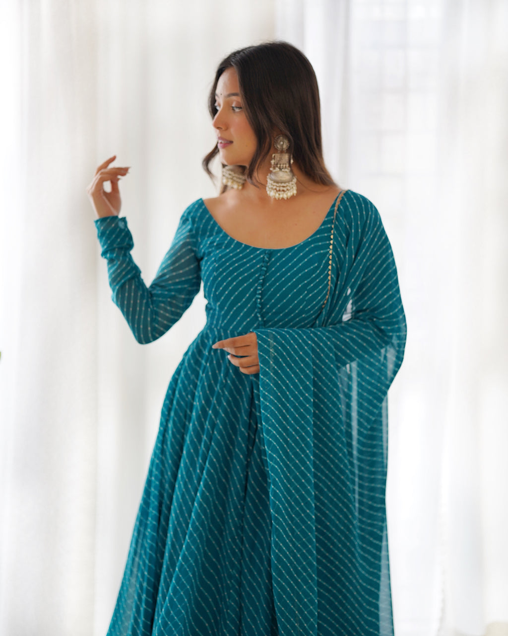 Rama Pure Soft Faux Georgette Leheriya Anarkali Suit With Huge Flair Comes With Duppatta & Pant Rama

