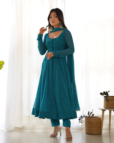 Rama Pure Soft Faux Georgette Leheriya Anarkali Suit With Huge Flair Comes With Duppatta & Pant Rama
