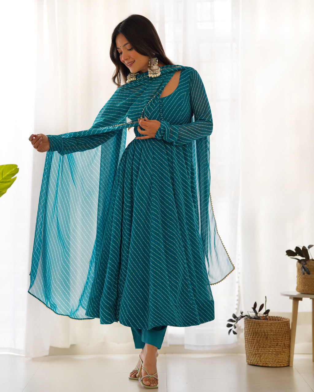 Rama Pure Soft Faux Georgette Leheriya Anarkali Suit With Huge Flair Comes With Duppatta & Pant Rama
