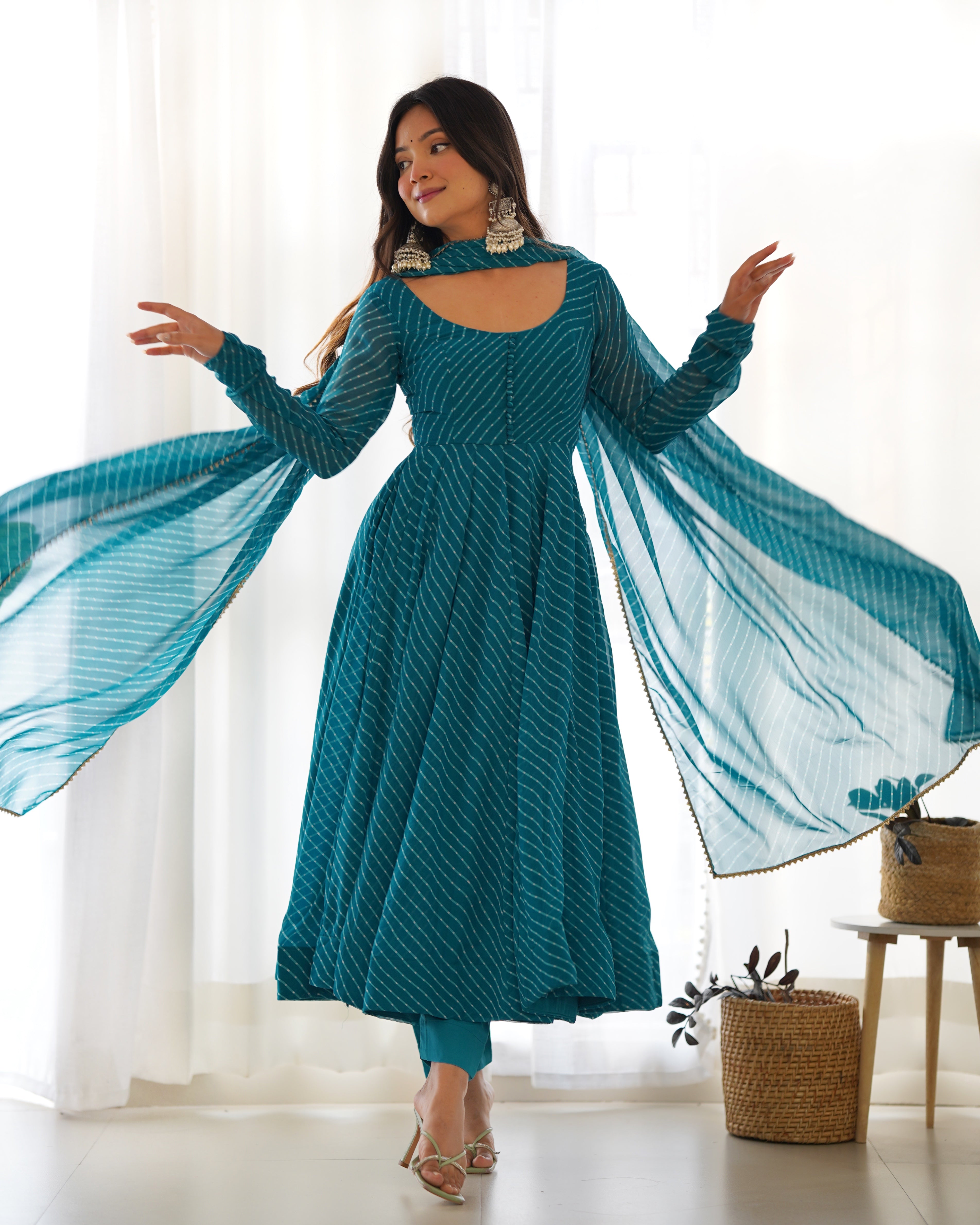 Rama Pure Soft Faux Georgette Leheriya Anarkali Suit With Huge Flair Comes With Duppatta & Pant Rama
