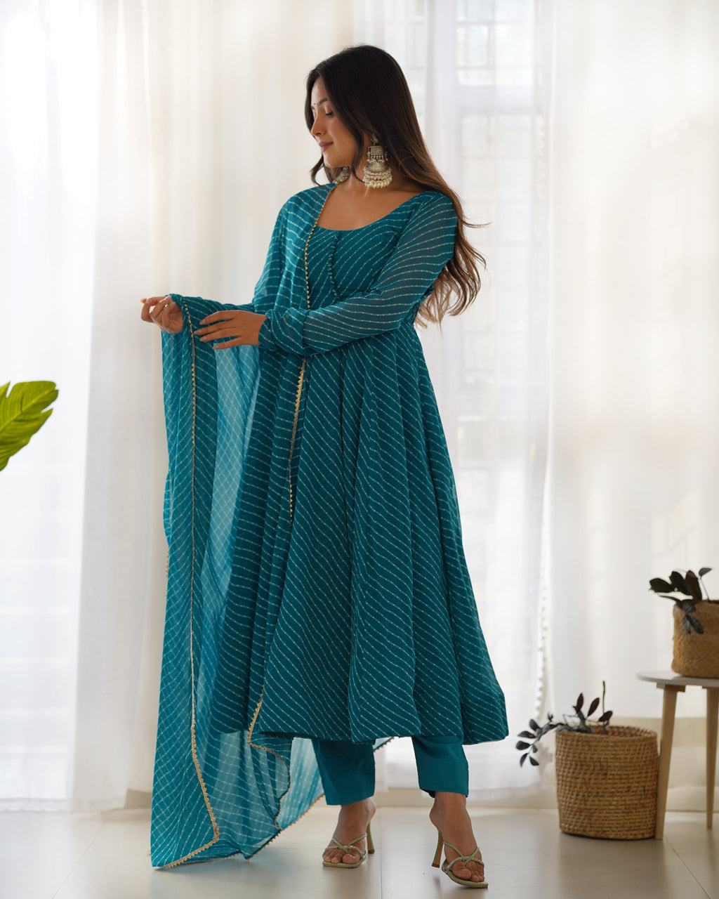 Rama Pure Soft Faux Georgette Leheriya Anarkali Suit With Huge Flair Comes With Duppatta & Pant Rama
