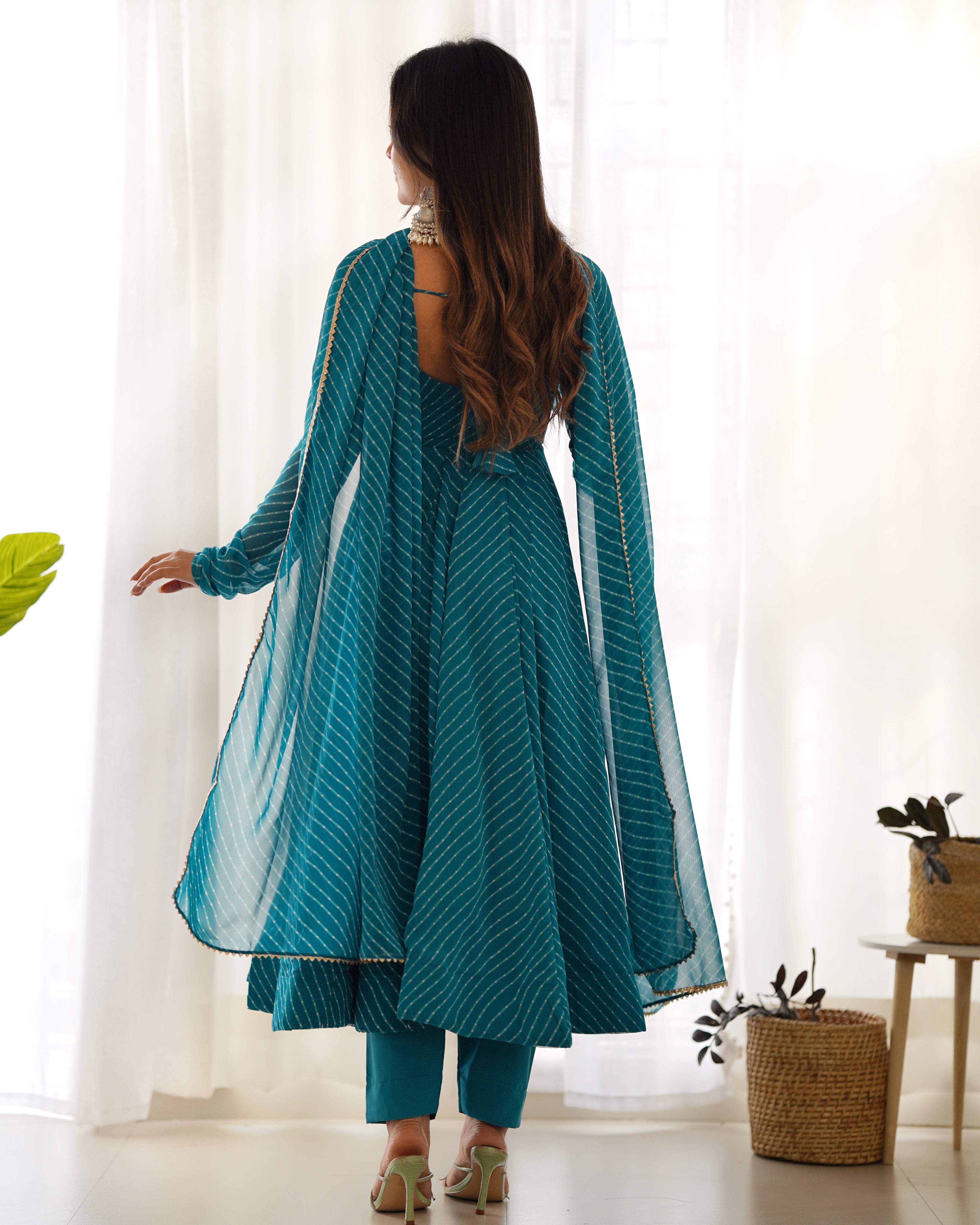 Rama Pure Soft Faux Georgette Leheriya Anarkali Suit With Huge Flair Comes With Duppatta & Pant Rama
