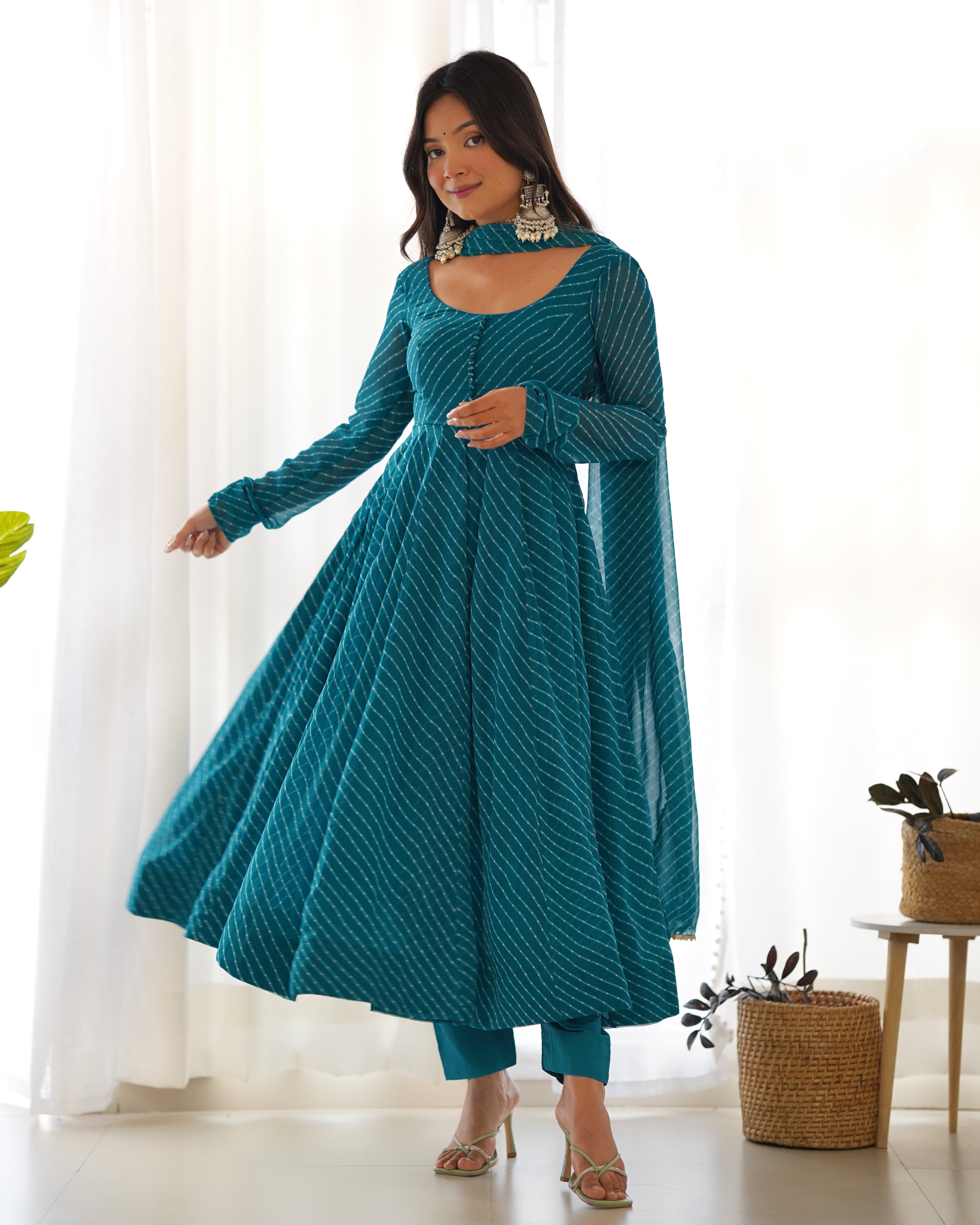 Rama Pure Soft Faux Georgette Leheriya Anarkali Suit With Huge Flair Comes With Duppatta & Pant Rama
