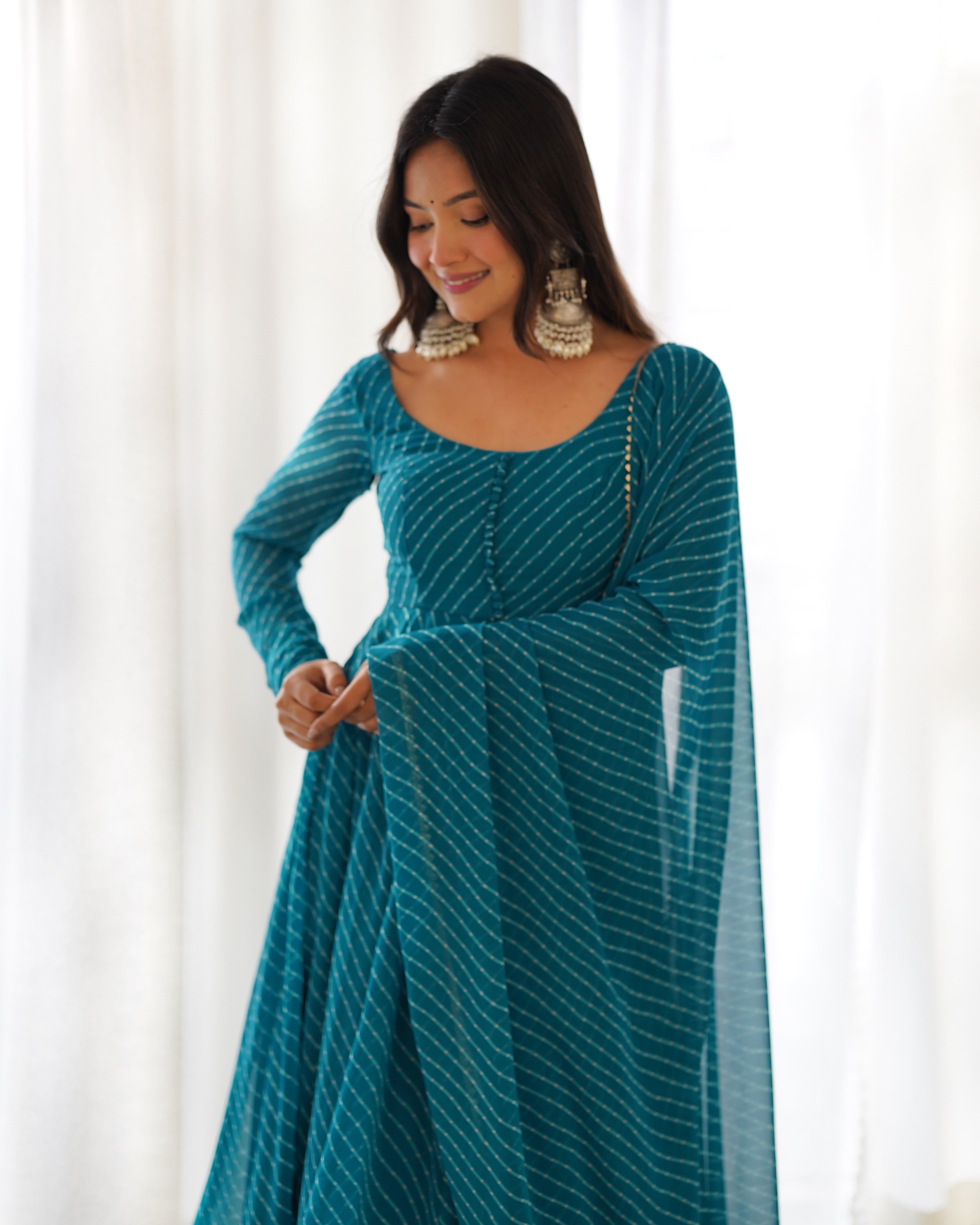 Rama Pure Soft Faux Georgette Leheriya Anarkali Suit With Huge Flair Comes With Duppatta & Pant Rama