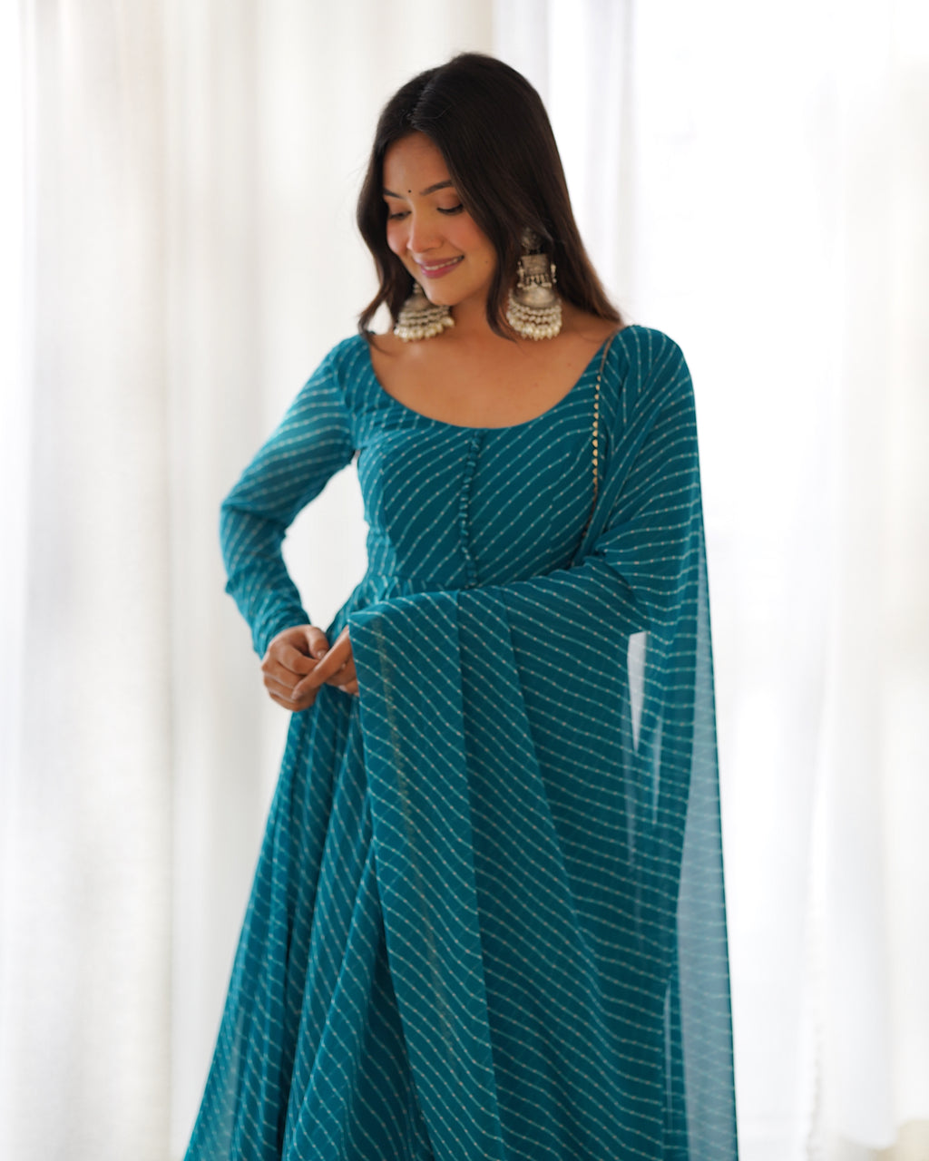 Rama Pure Soft Faux Georgette Leheriya Anarkali Suit With Huge Flair Comes With Duppatta & Pant Rama
