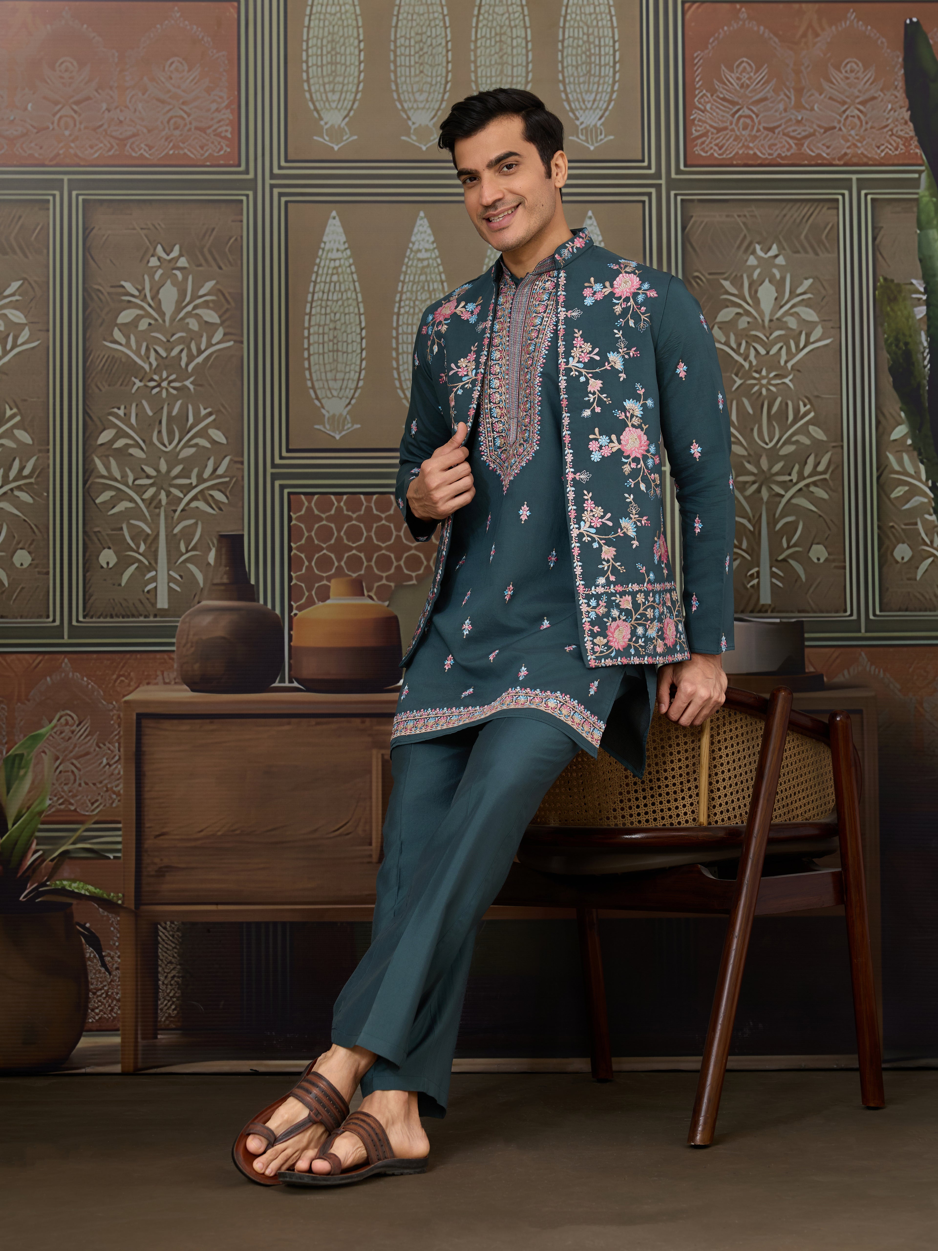 Premium Designer Rama Green Koti Kurta Pair for Men
