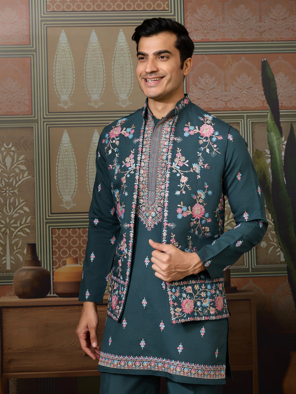 Premium Designer Rama Green Koti Kurta Pair for Men
