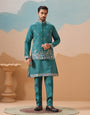 Wedding Party Outfit Rama Green Kurta Jacket Pant for Men