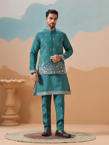 Wedding Party Outfit Rama Green Kurta Jacket Pant for Men