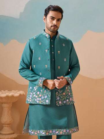 Wedding Party Outfit Rama Green Kurta Jacket Pant for Men