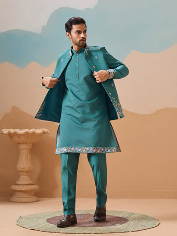 Wedding Party Outfit Rama Green Kurta Jacket Pant for Men