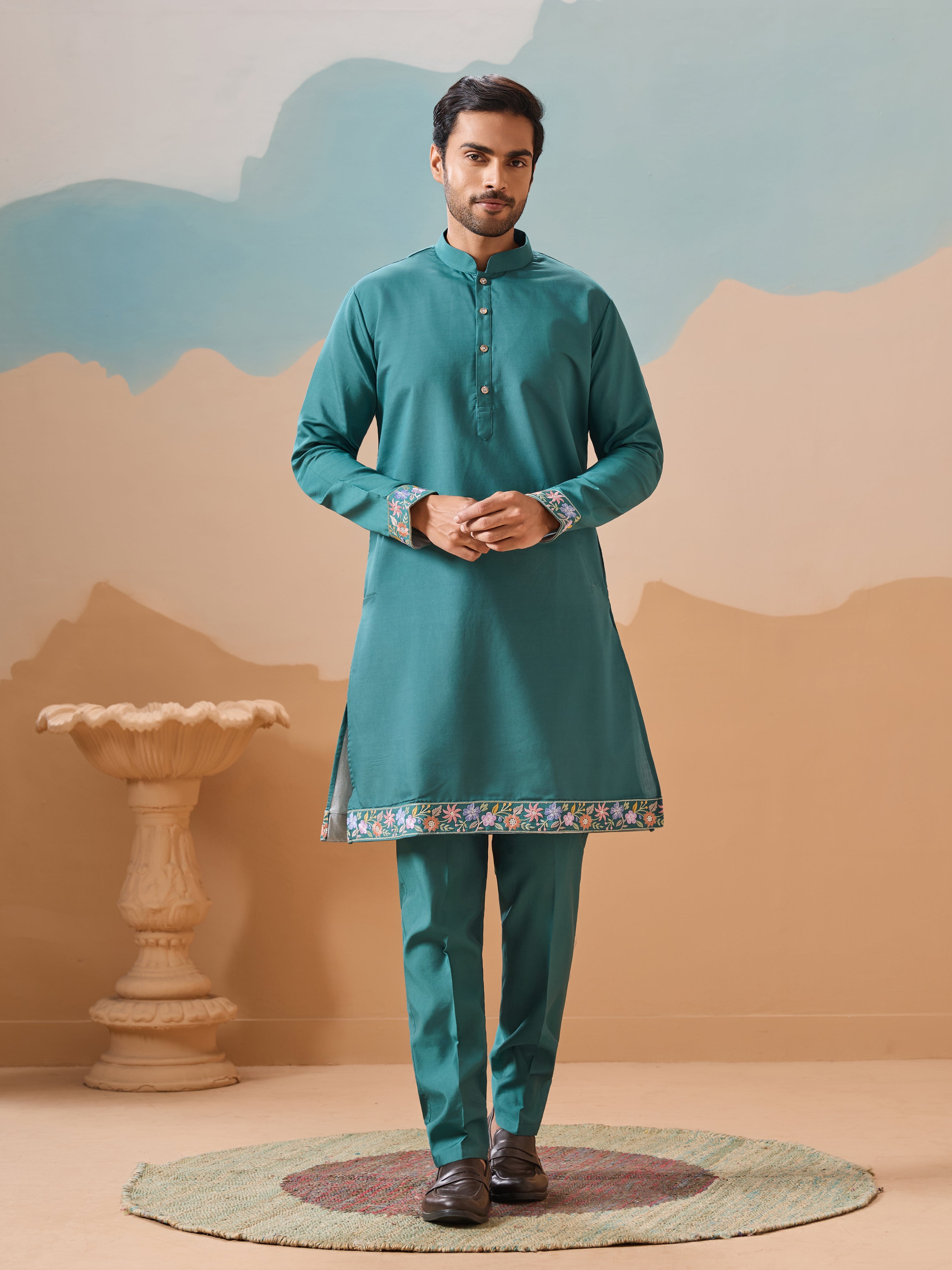Wedding Party Outfit Rama Green Kurta Jacket Pant for Men