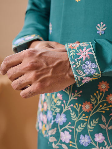 Wedding Party Outfit Rama Green Kurta Jacket Pant for Men