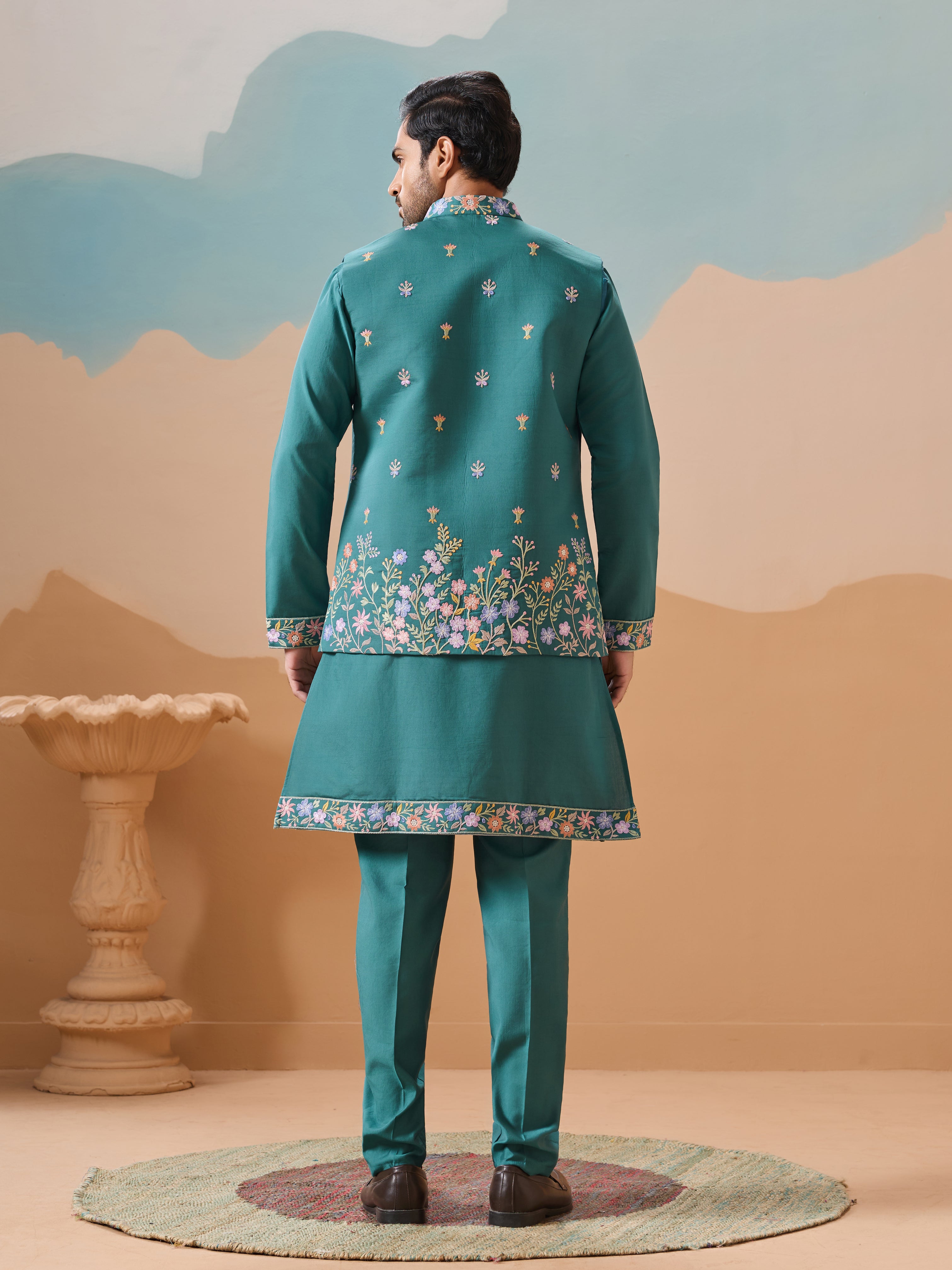 Wedding Party Outfit Rama Green Kurta Jacket Pant for Men