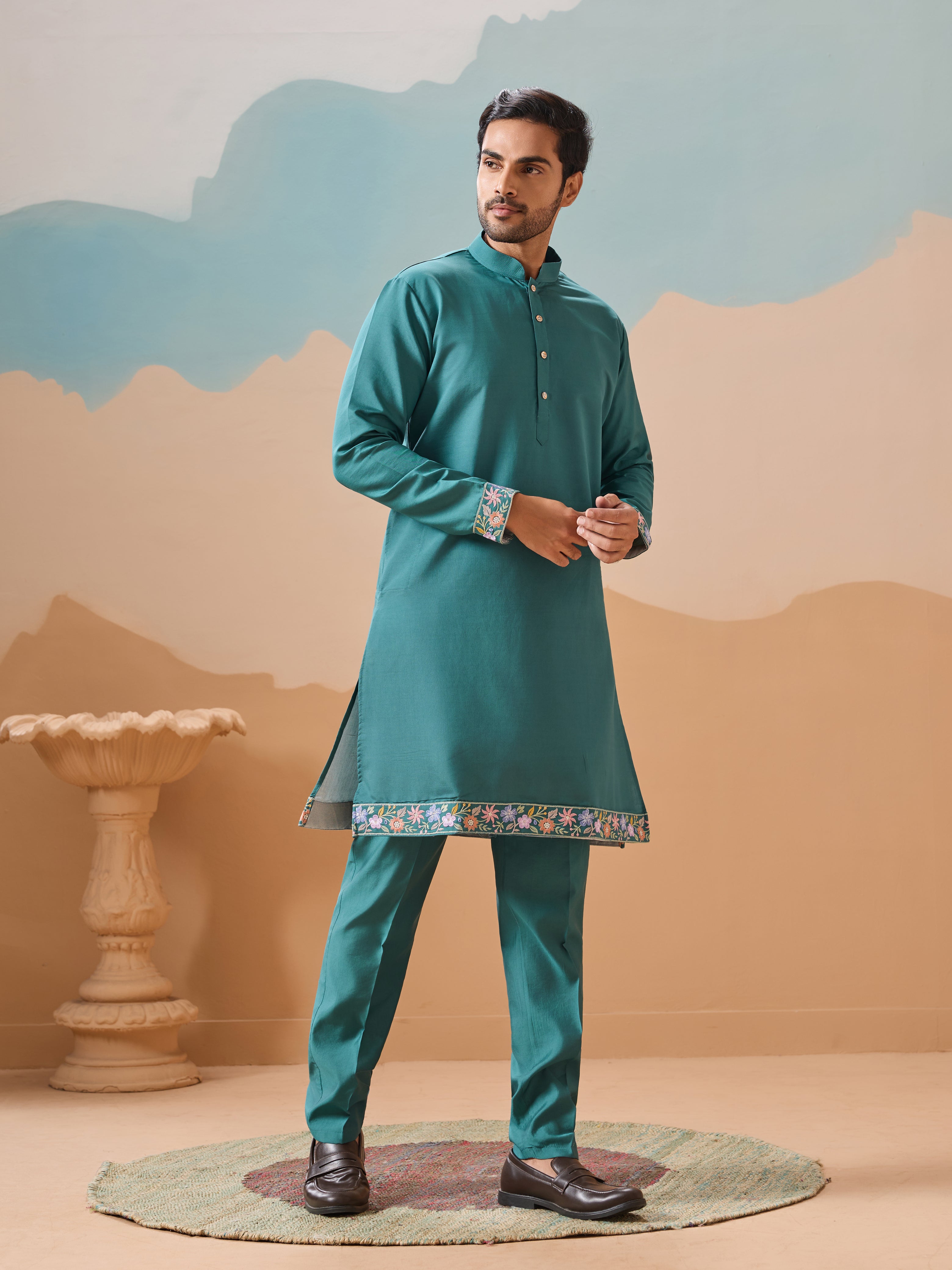 Wedding Party Outfit Rama Green Kurta Jacket Pant for Men