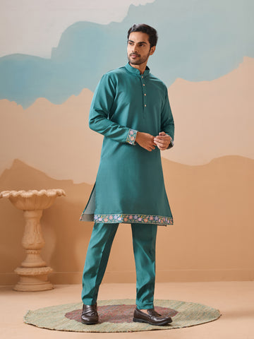 Wedding Party Outfit Rama Green Kurta Jacket Pant for Men