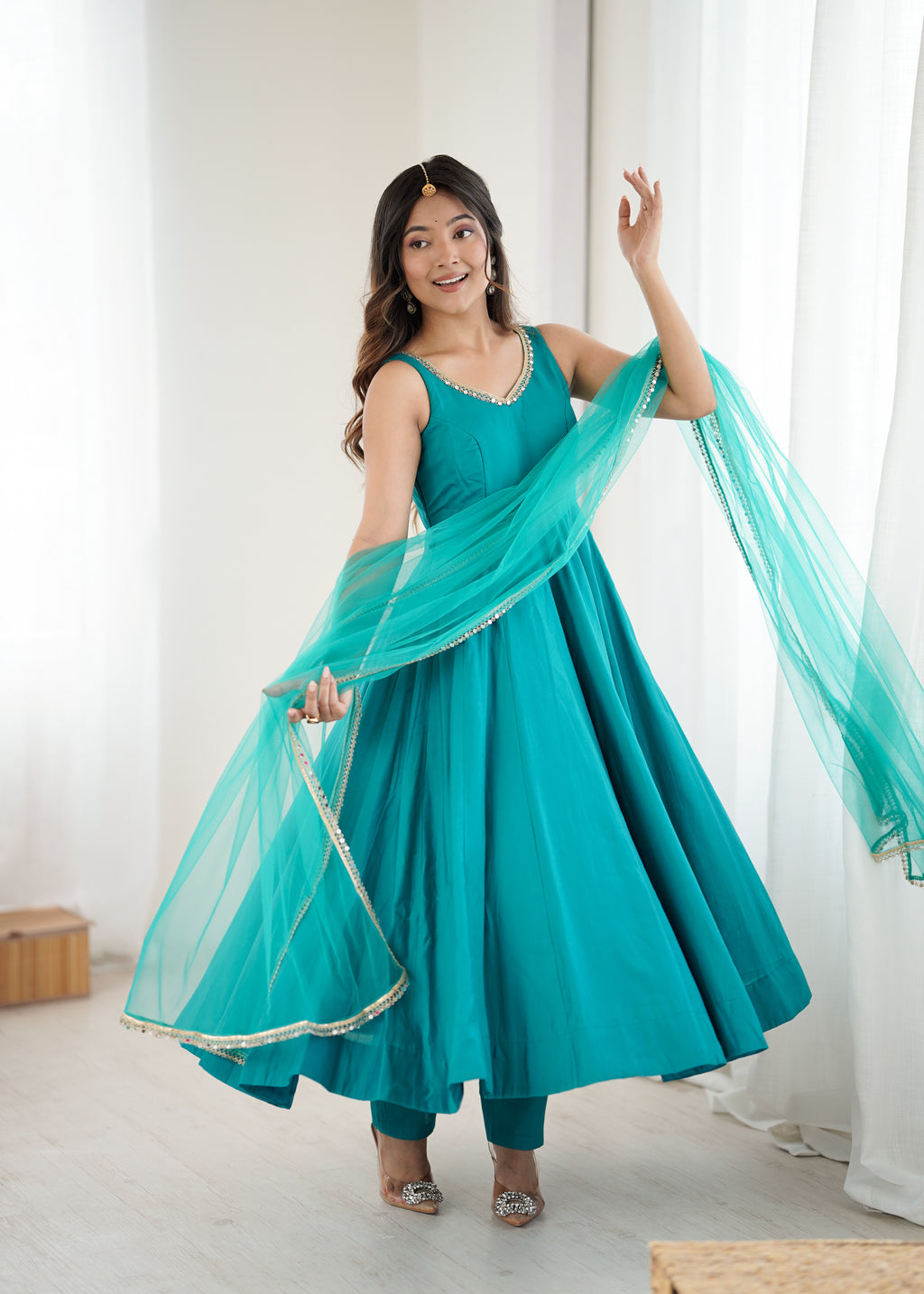 Rama Pure Roman Silk Flared Anarkali Set with Dupatta & Pant