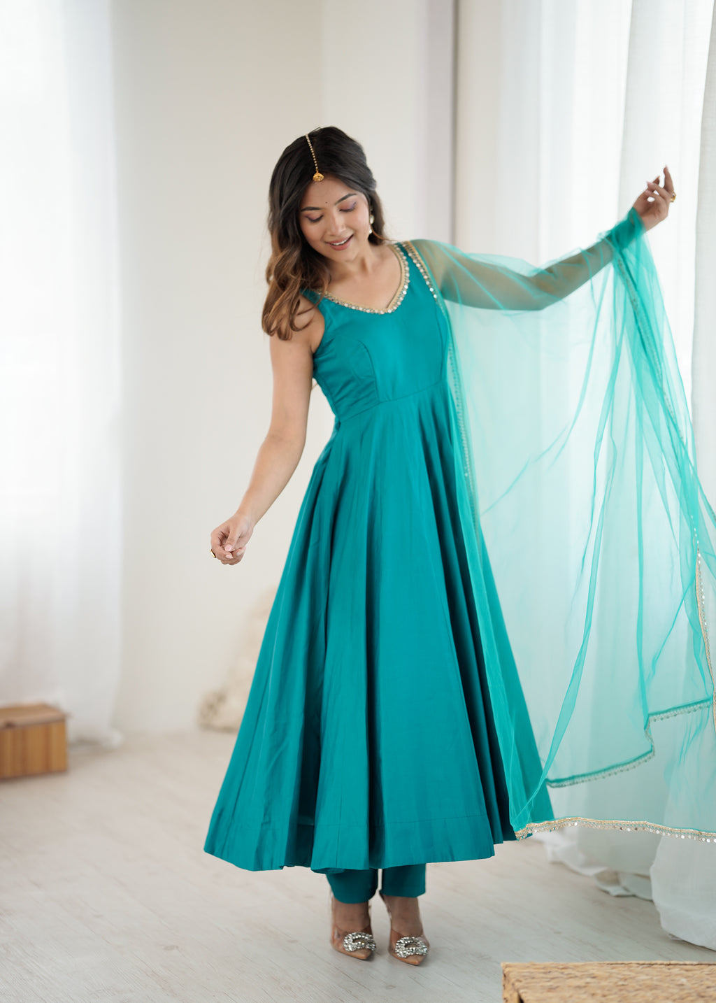 Rama Pure Roman Silk Flared Anarkali Set with Dupatta & Pant