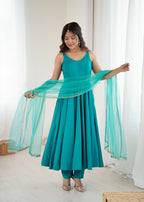 Rama Pure Roman Silk Flared Anarkali Set with Dupatta & Pant