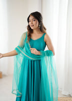 Rama Pure Roman Silk Flared Anarkali Set with Dupatta & Pant