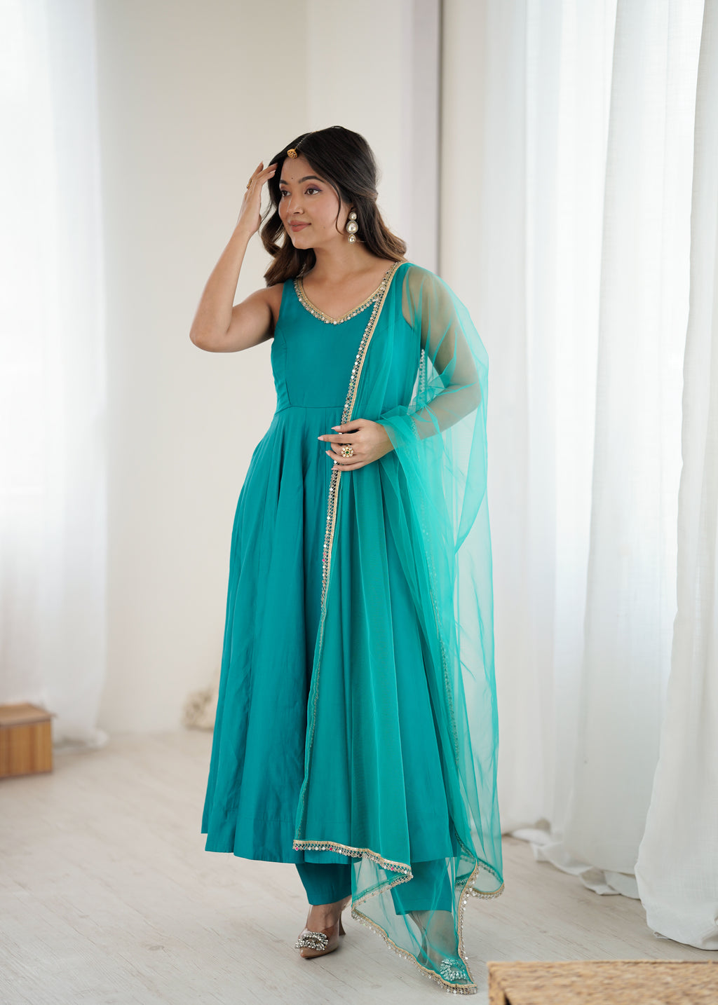 Rama Pure Roman Silk Flared Anarkali Set with Dupatta & Pant
