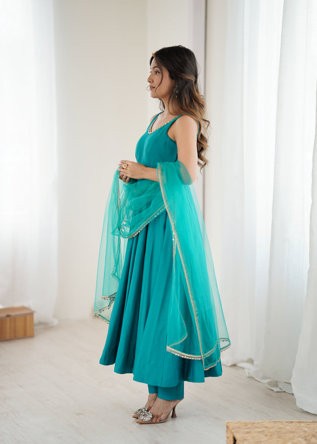 Rama Pure Roman Silk Flared Anarkali Set with Dupatta & Pant