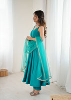 Rama Pure Roman Silk Flared Anarkali Set with Dupatta & Pant