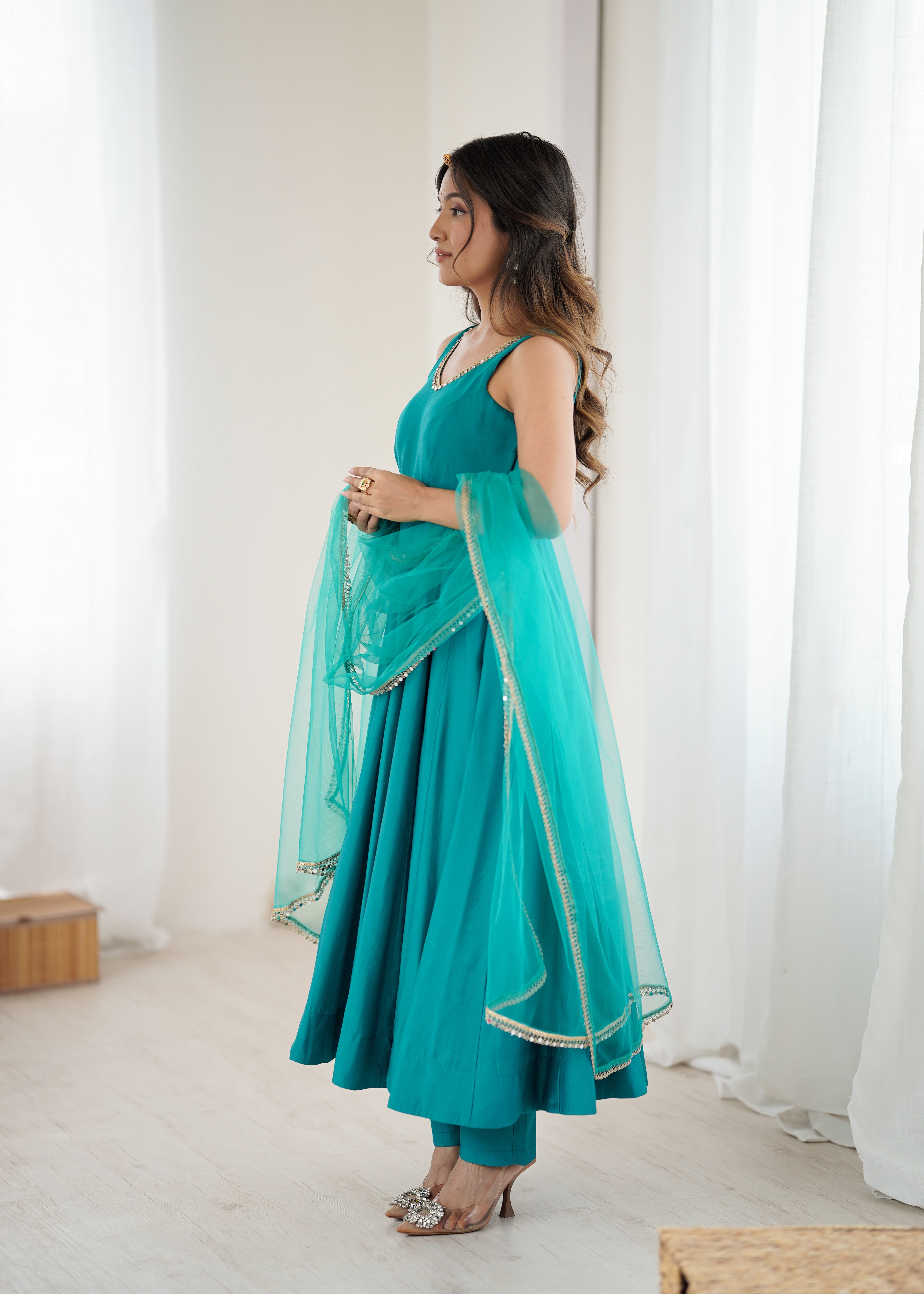 Rama Pure Roman Silk Flared Anarkali Set with Dupatta & Pant