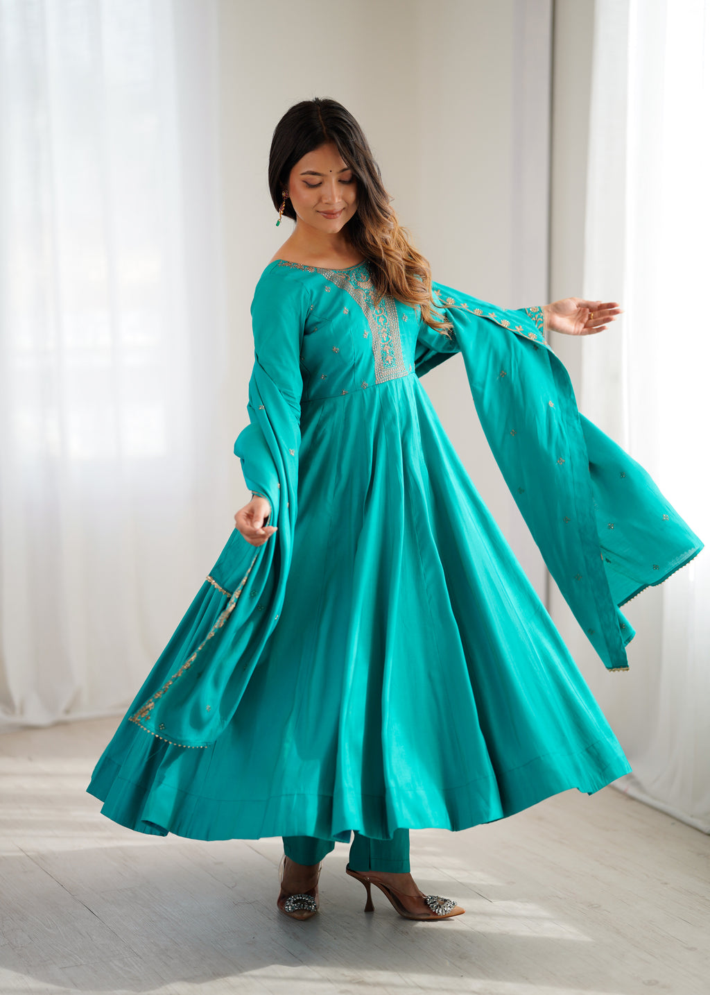 Rama Premium Pure Roman Chanderi Silk Anarkali Gown Set with Dupatta