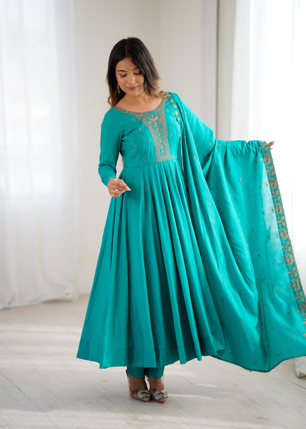 Rama Premium Pure Roman Chanderi Silk Anarkali Gown Set with Dupatta