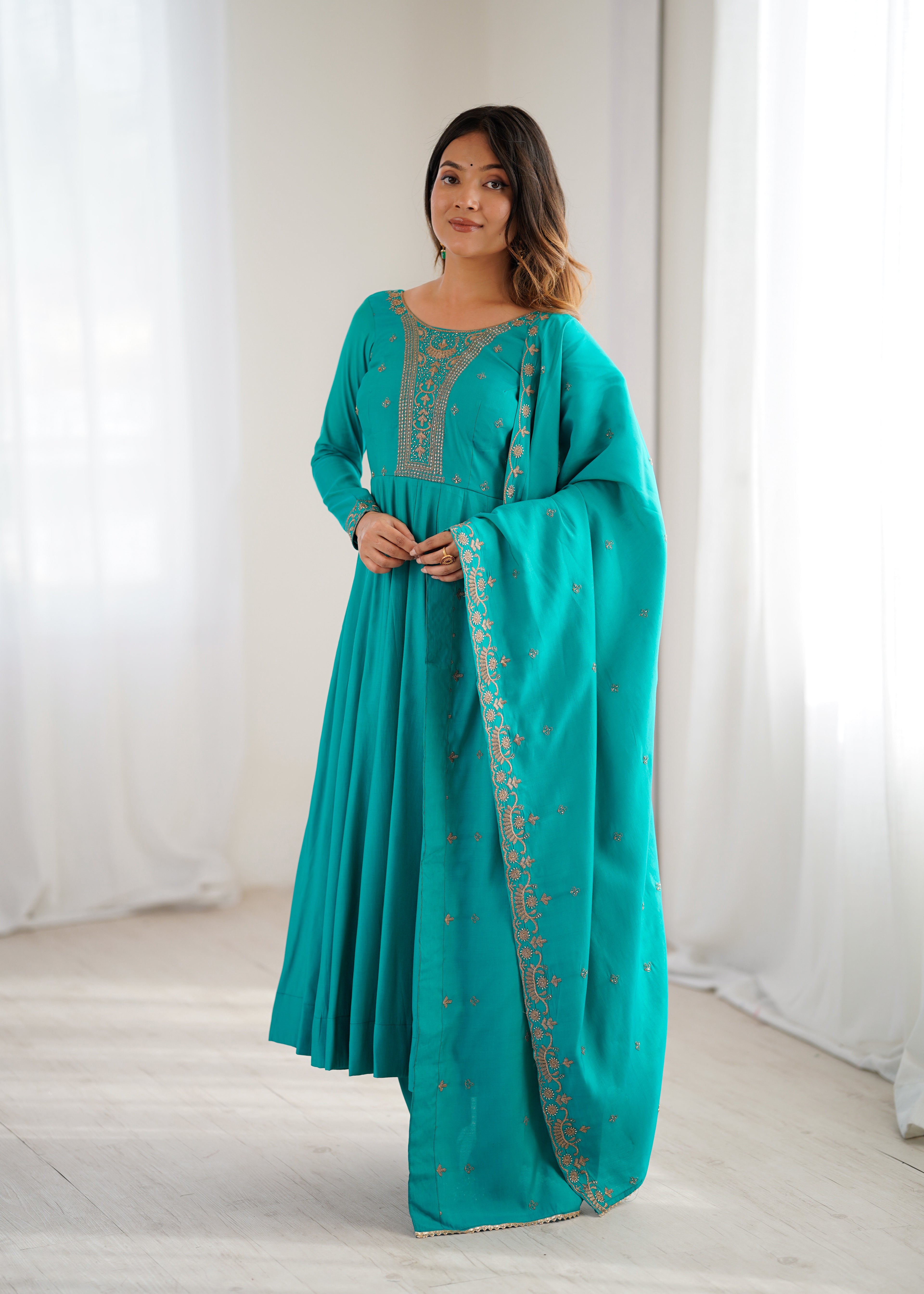 Rama Premium Pure Roman Chanderi Silk Anarkali Gown Set with Dupatta
