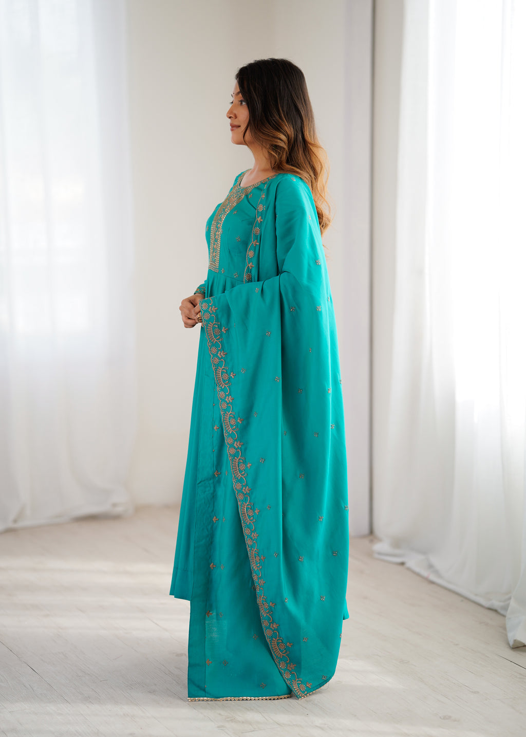 Rama Premium Pure Roman Chanderi Silk Anarkali Gown Set with Dupatta