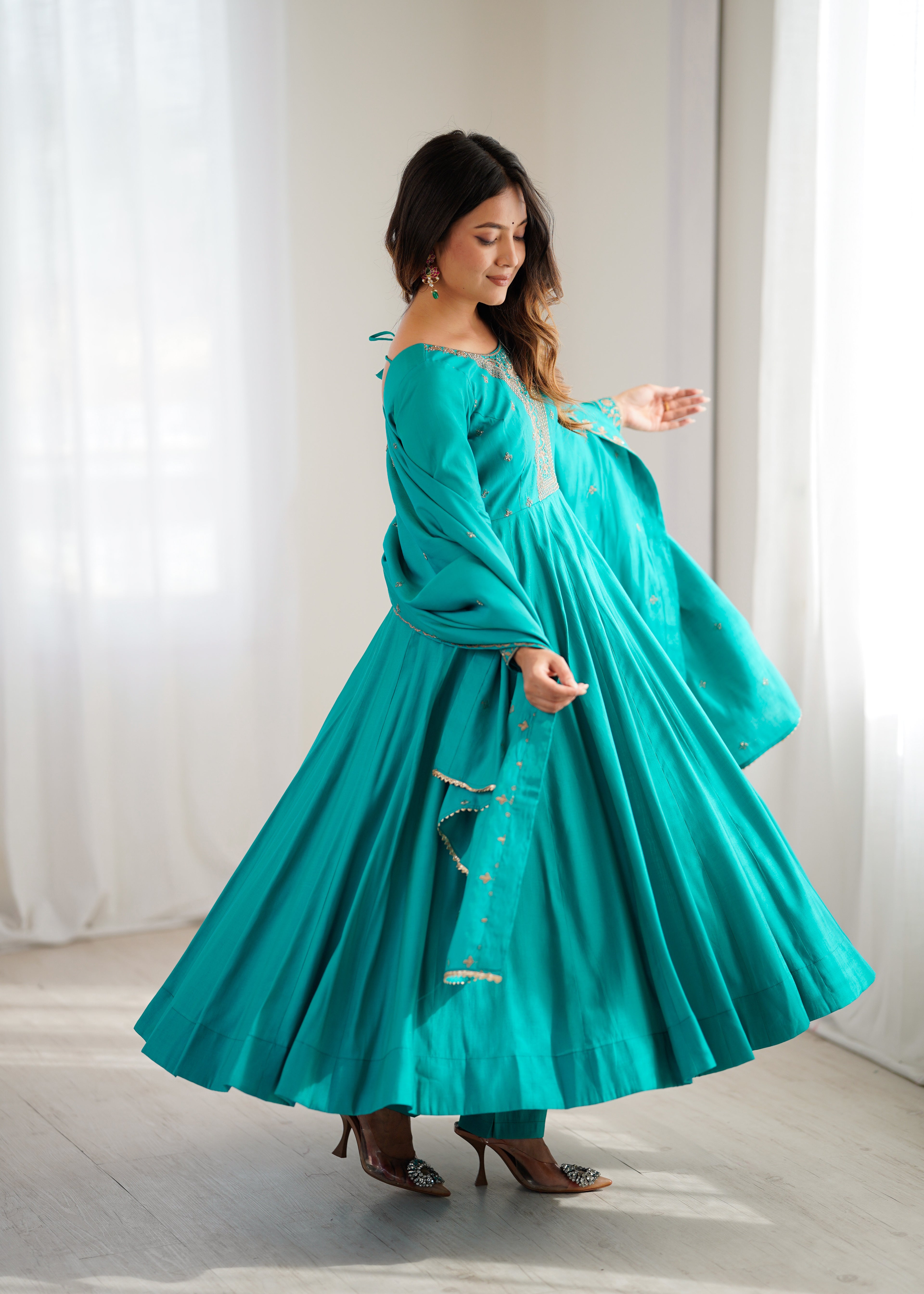 Rama Premium Pure Roman Chanderi Silk Anarkali Gown Set with Dupatta