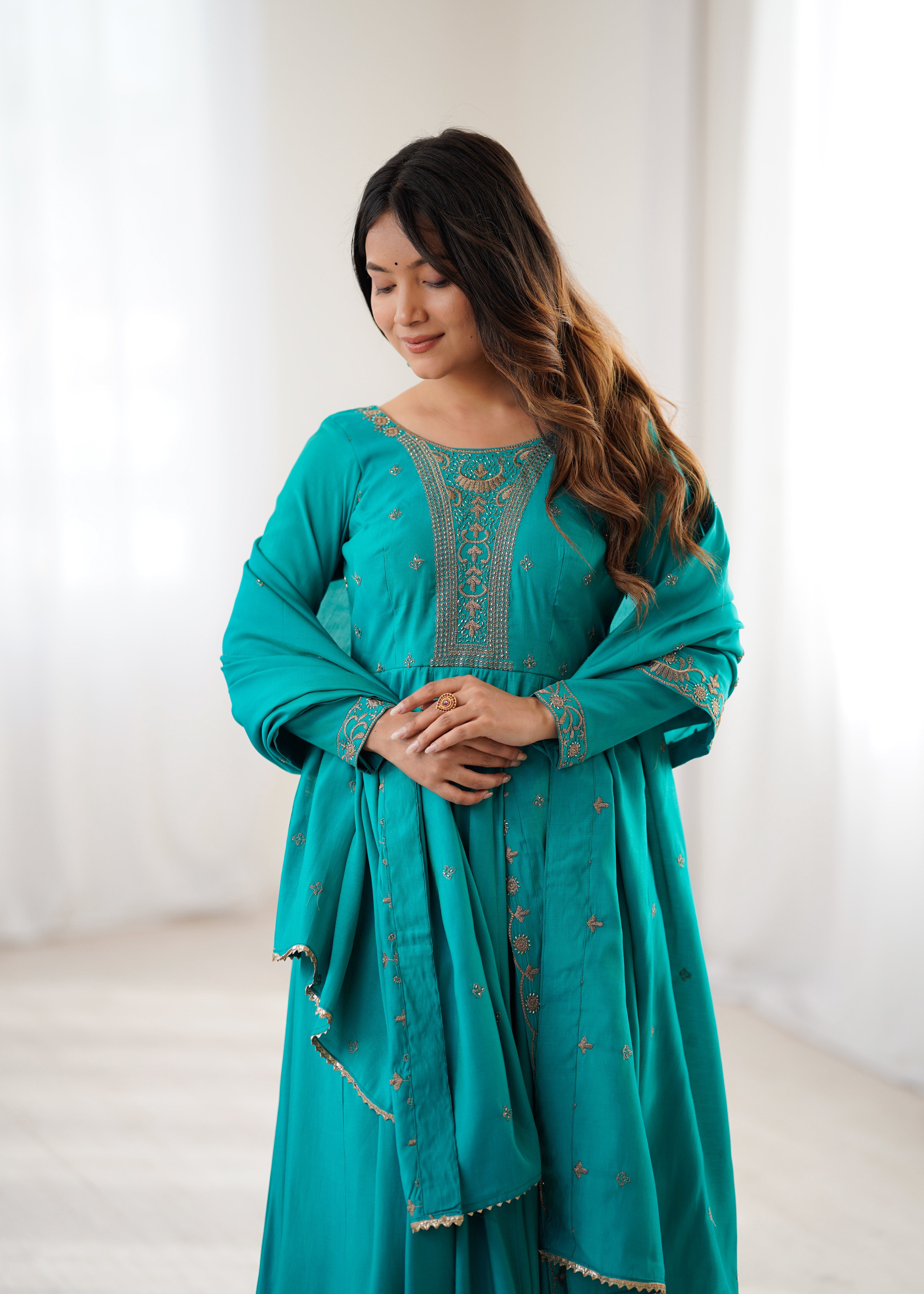 Rama Premium Pure Roman Chanderi Silk Anarkali Gown Set with Dupatta