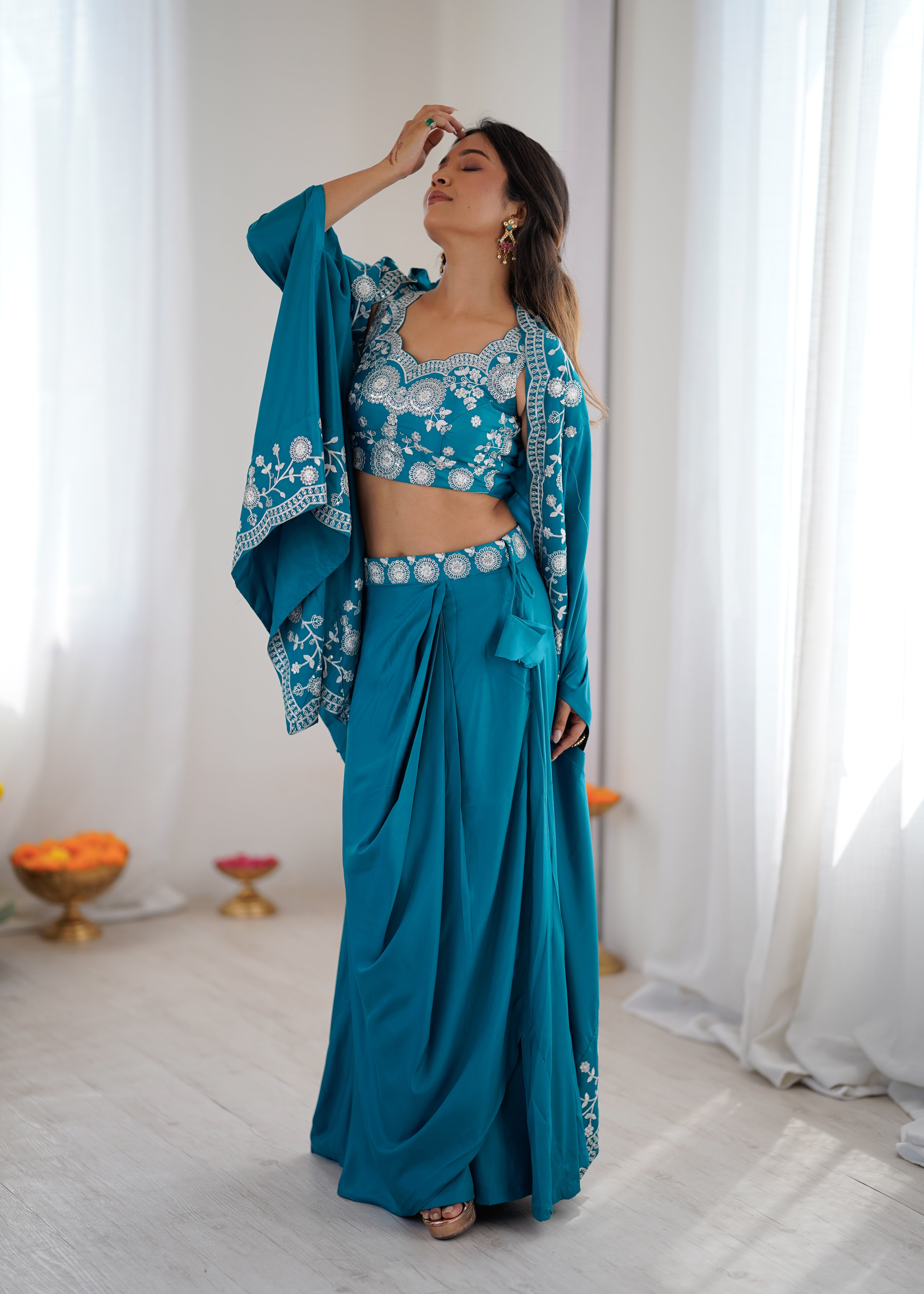 Wedding Special Rama French Crepe Thread & Sequence Work Western Dhoti Set
