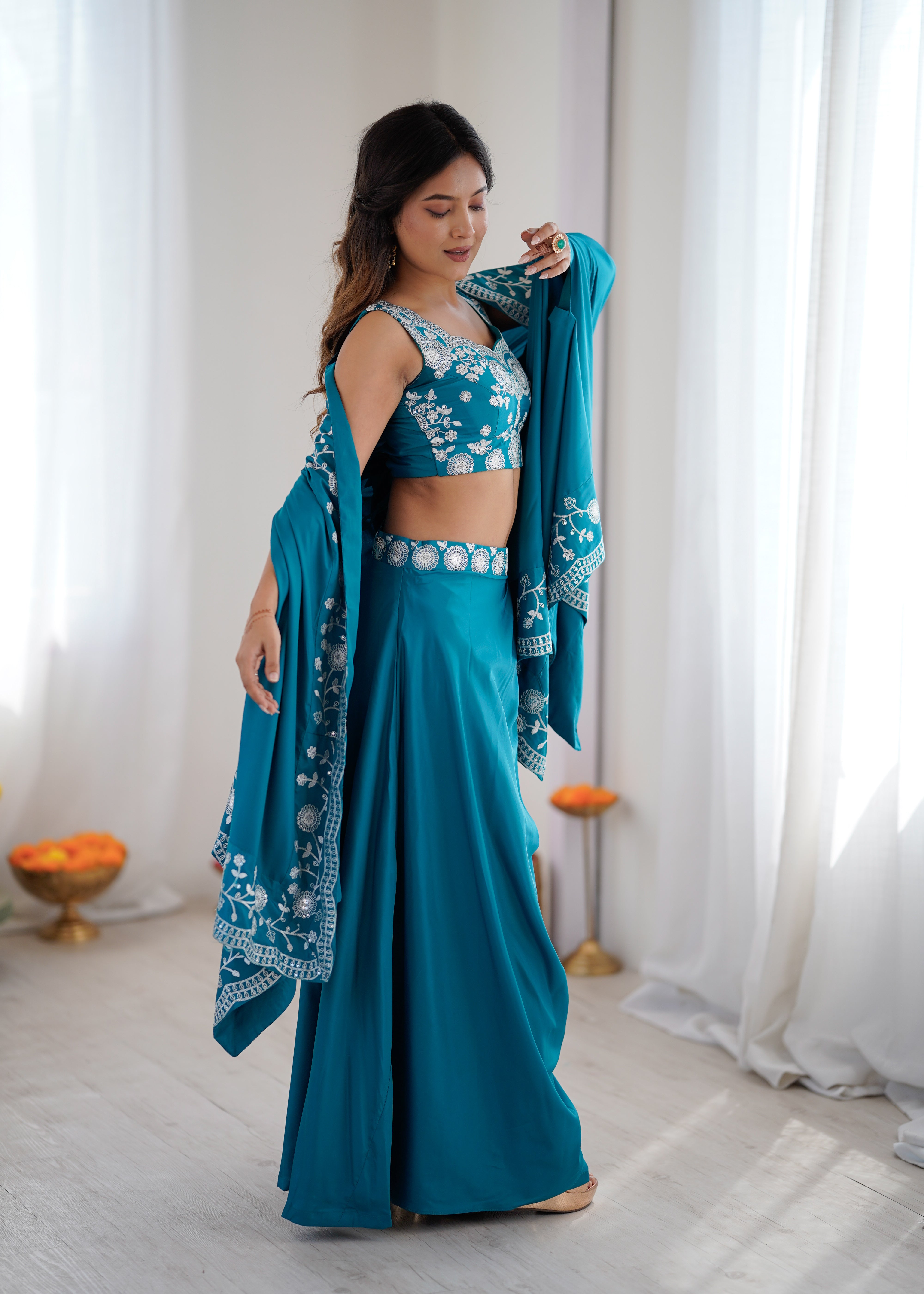 Wedding Special Rama French Crepe Thread & Sequence Work Western Dhoti Set
