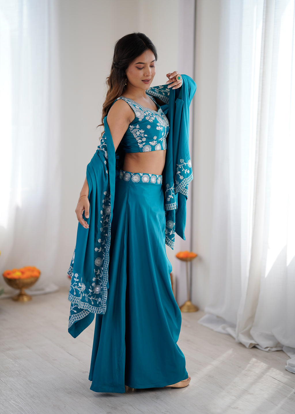 Wedding Special Rama French Crepe Thread & Sequence Work Western Dhoti Set
