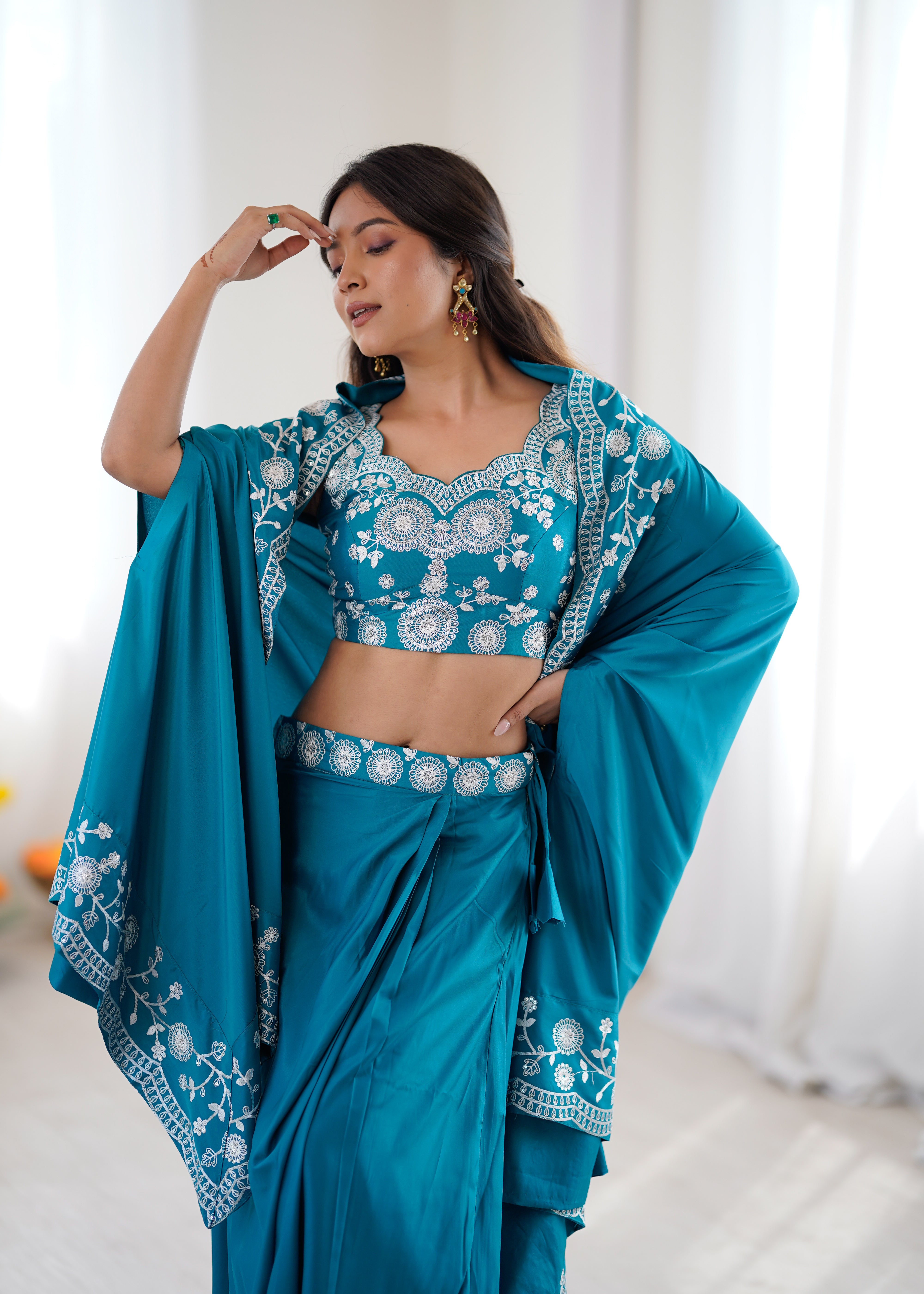 Wedding Special Rama French Crepe Thread & Sequence Work Western Dhoti Set
